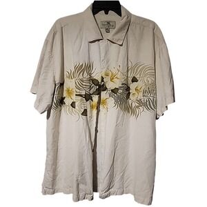Island Shores Men XXL Silk Blend Hibiscus Floral Button Front Shirt Cream Yellow